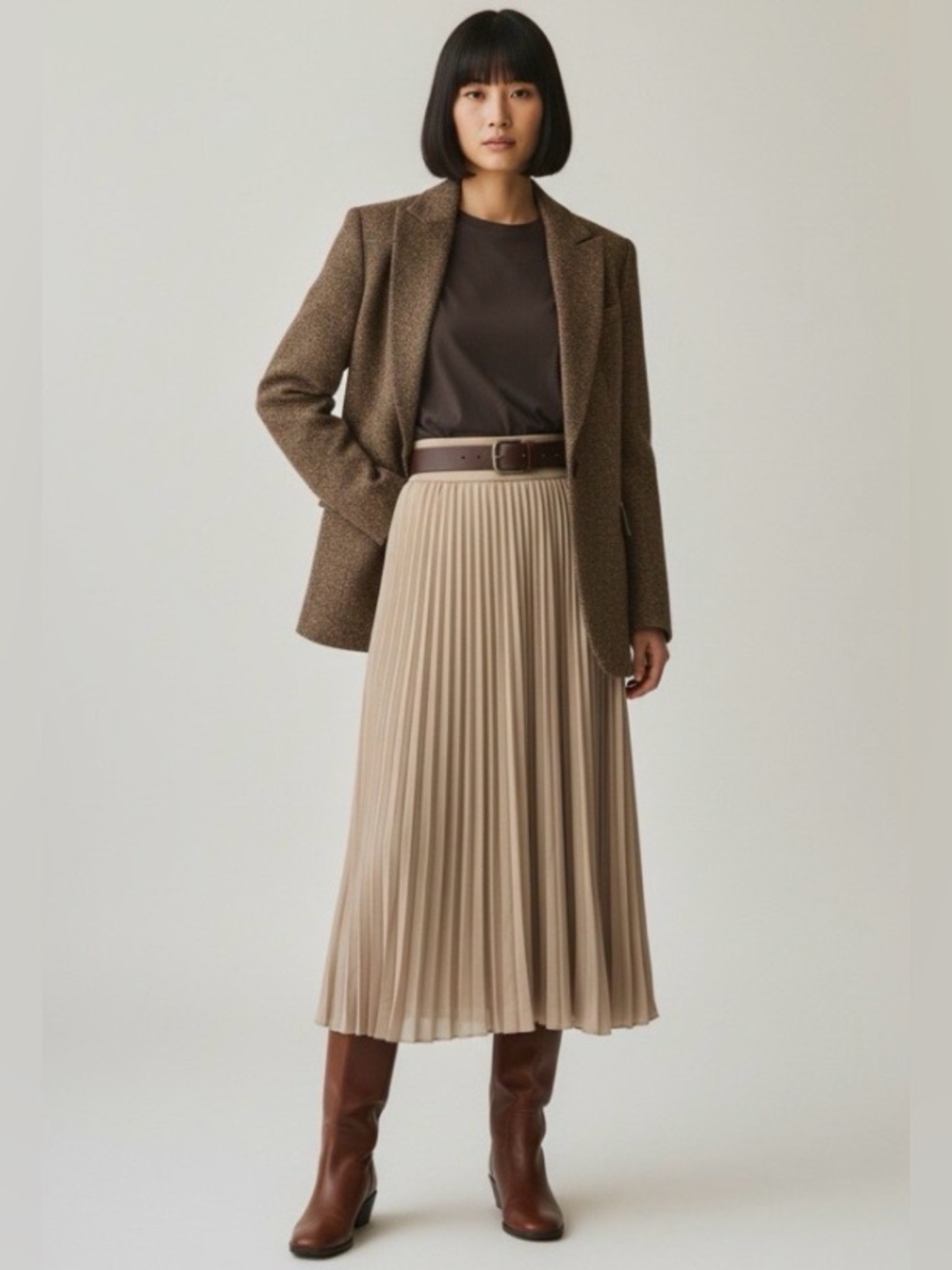 NWT Miamisty Beige Pleated Midi Maxi Skirt High Waist Preppy Fall Size M